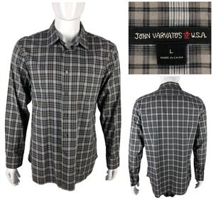 John Varvatos Star USA Plaid Shirt Mens Large Button Up 100% Cotton Gray EUC